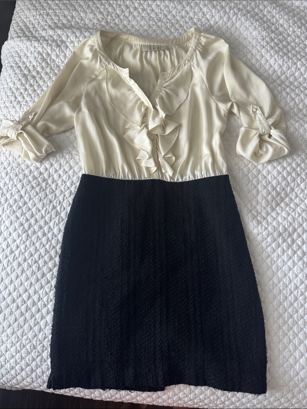 LOFT Two-Tone Cream and Black Ruffle-Front Mini Dress